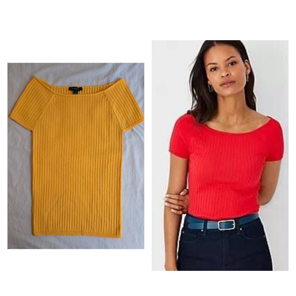 Ann Taylor Yellow Ribbed Boatneck Short Sleeve Top MI3